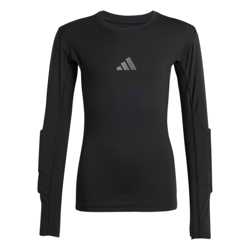 A black long-sleeved Adidas compression shirt featuring a grey logo on the chest and padded forearm panels.