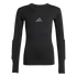 A black long-sleeved Adidas compression shirt featuring a grey logo on the chest and padded forearm panels.