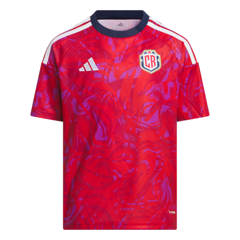 Red and purple patterned soccer jersey with white shoulder stripes, featuring an Adidas logo and a Costa Rica team crest.