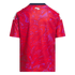 Back view of a red and purple abstract patterned jersey with white stripes on the shoulders, a navy collar, and a small 'Pura Vida' logo at the nape.