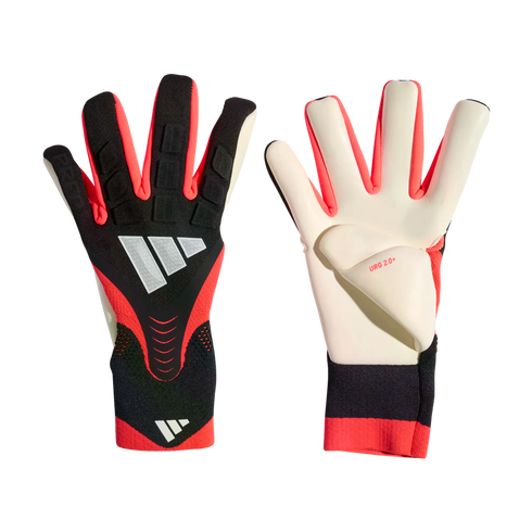 Adidas goalkeeper gloves in black, red, and white, showing both the textured backhand and the white palm with "URG 2.0+" branding.
