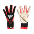 Adidas goalkeeper gloves in black, red, and white, showing both the textured backhand and the white palm with "URG 2.0+" branding.