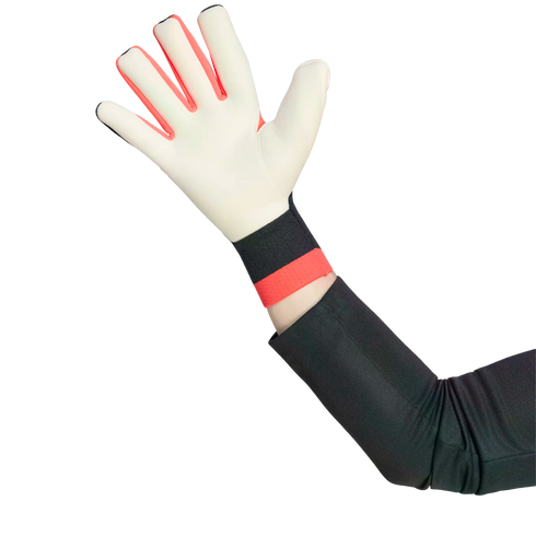 An arm in a black jersey wearing a white goalkeeper glove with red accents, raised against a black background.
