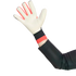 An arm in a black jersey wearing a white goalkeeper glove with red accents, raised against a black background.