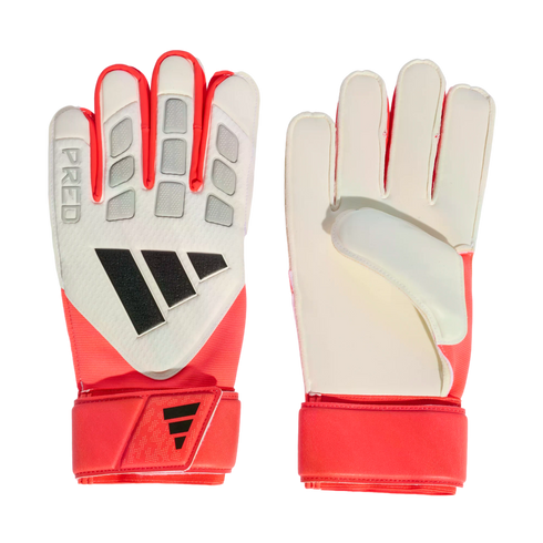 Front and back view of Adidas goalkeeper gloves in white and coral. Features black logo branding on a textured backhand and a smooth white palm, both with coral wrist straps.