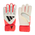 Front and back view of Adidas goalkeeper gloves in white and coral. Features black logo branding on a textured backhand and a smooth white palm, both with coral wrist straps.