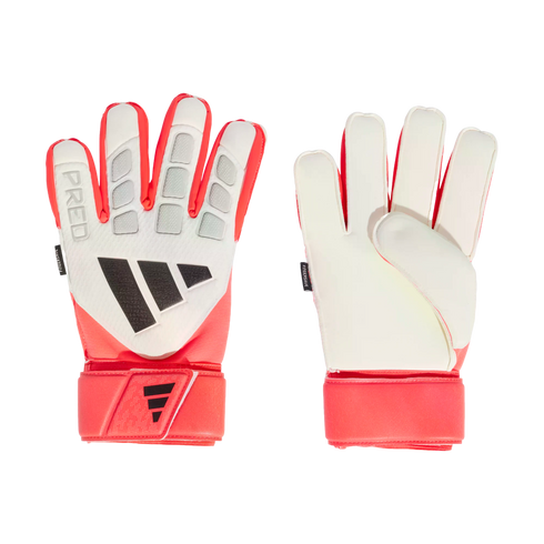 Front and palm views of white and coral Adidas Predator goalkeeper gloves with black branding, set against a black background.