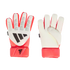 Front and palm views of white and coral Adidas Predator goalkeeper gloves with black branding, set against a black background.