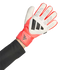 A person wearing a white, coral red, and black Adidas Predator goalkeeper glove against a black background.