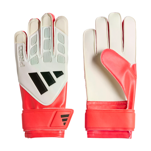 Red and white Adidas Predator goalkeeper gloves showing both the palm and backhand views.