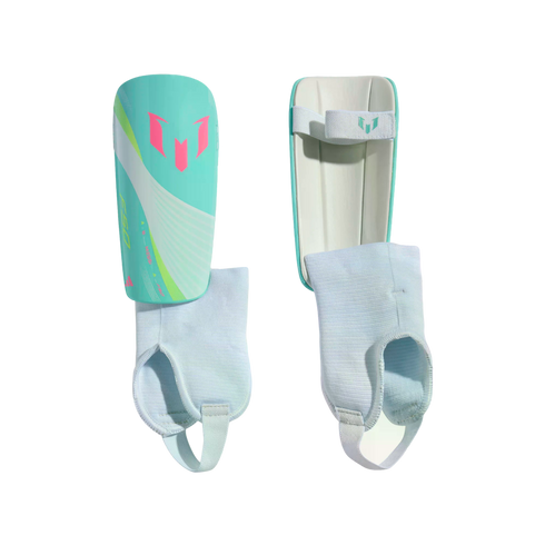 Teal Adidas Messi soccer shin guards with pink accents and white ankle sleeves, featuring both front and back views.
