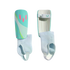 Teal Adidas Messi soccer shin guards with pink accents and white ankle sleeves, featuring both front and back views.