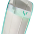 Close-up of a white and teal soccer shin guard featuring an iridescent elastic strap with a teal Messi logo.