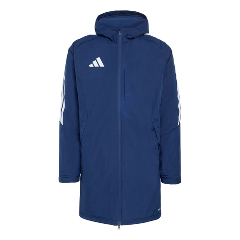 A long, navy blue Adidas hooded parka featuring three white stripes on the sleeves and a white Adidas logo on the chest.