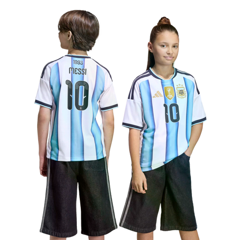 Front and back views of two children wearing Argentina football jerseys with "MESSI 10" and dark shorts, set against a solid black background.