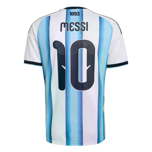 Back of a light blue and white striped soccer jersey with "MESSI" and number "10" printed in bold black.