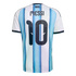Back of a light blue and white striped soccer jersey with "MESSI" and number "10" printed in bold black.