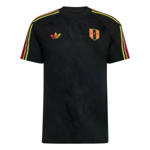 Black Adidas t-shirt featuring a multi-colored trefoil logo, FPF shield crest, and neon-colored gradient stripes on the shoulders and sleeves.