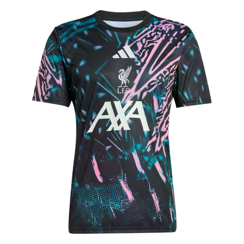 Liverpool FC Adidas training jersey with a black, teal, and pink abstract graphic. White club crest, Adidas, and AXA logos are centered on the front.