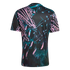 Back of a black t-shirt with a bold abstract print featuring sharp lines and halftone dots in neon pink and teal.
