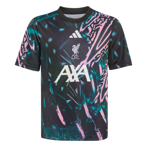 Black Liverpool F.C. training shirt featuring a neon pink and teal abstract graphic. White Adidas, LFC crest, and AXA sponsor logos are centered on the front.