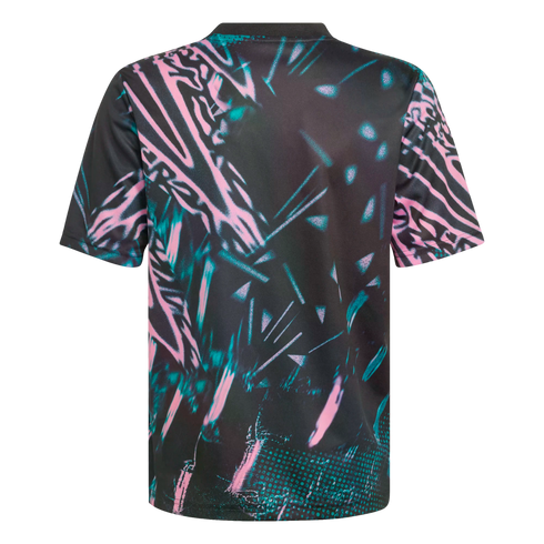Back view of a black t-shirt with an abstract neon pink and teal spray-paint pattern.