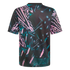 Back view of a black t-shirt with an abstract neon pink and teal spray-paint pattern.