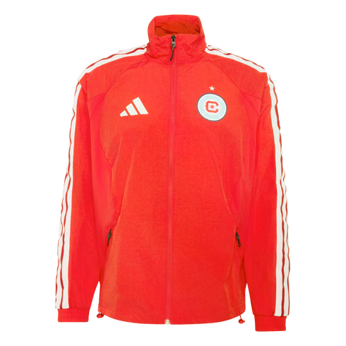 A red Adidas track jacket with three white stripes along the sleeves and the Chicago Fire FC crest on the left chest.