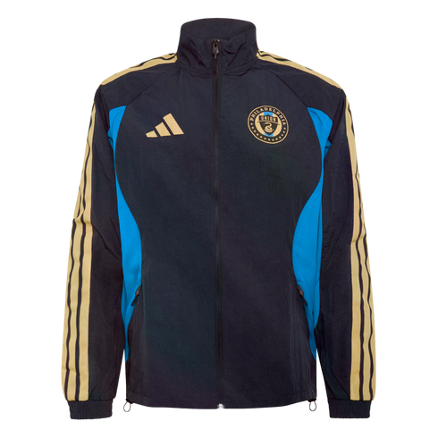A navy blue Philadelphia Union Adidas track jacket with gold stripes on the sleeves, a team crest, and light blue side panels.
