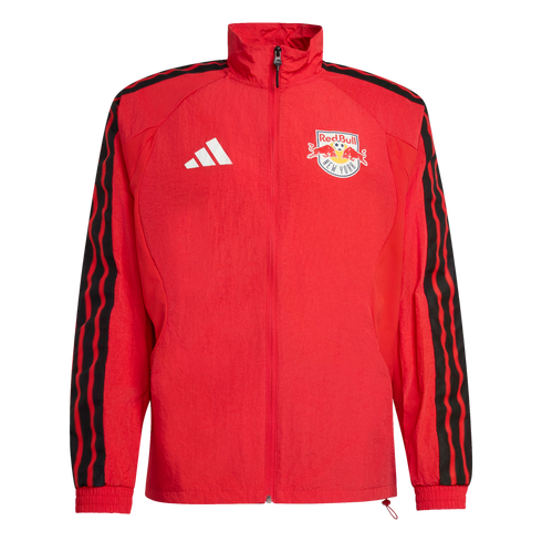 Red Adidas New York Red Bulls full-zip track jacket with the team crest, white logo, and black sleeves featuring three red wavy stripes.