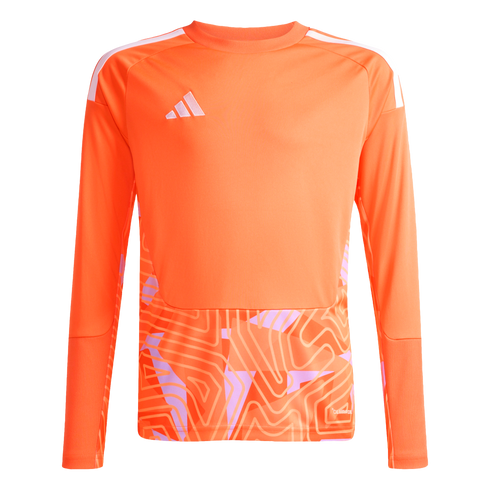 Orange Adidas long-sleeve jersey with white shoulder stripes and a light purple geometric pattern on the lower half.
