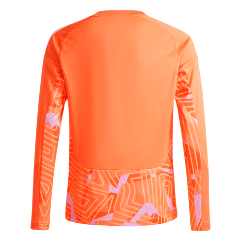 Back view of an orange long-sleeved sports jersey with a geometric pattern on the sleeves and lower back.