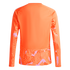 Back view of an orange long-sleeved sports jersey with a geometric pattern on the sleeves and lower back.