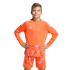 Boy in an orange long-sleeved Adidas soccer kit with a geometric pattern, posing with hands on hips against a solid black background.