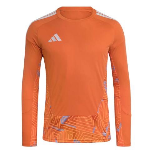 Orange long-sleeved Adidas goalkeeper jersey with white shoulder stripes and a patterned hem.