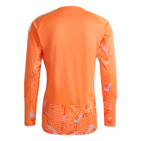 Back view of an orange long-sleeved sports jersey with a geometric pattern on the lower hem and sleeves. White stripes are on the shoulders, shown against a black background.