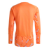 Back view of an orange long-sleeved sports jersey with a geometric pattern on the lower hem and sleeves. White stripes are on the shoulders, shown against a black background.