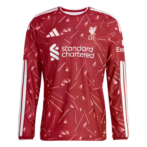 Long-sleeved red Liverpool F.C. jersey by Adidas featuring a white abstract geometric pattern, club crest, and Standard Chartered sponsor logo.