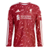Long-sleeved red Liverpool F.C. jersey by Adidas featuring a white abstract geometric pattern, club crest, and Standard Chartered sponsor logo.