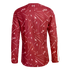 Back view of a maroon long-sleeved sports jersey with an abstract white geometric pattern of lines and triangles. A small white emblem is at the back neck.
