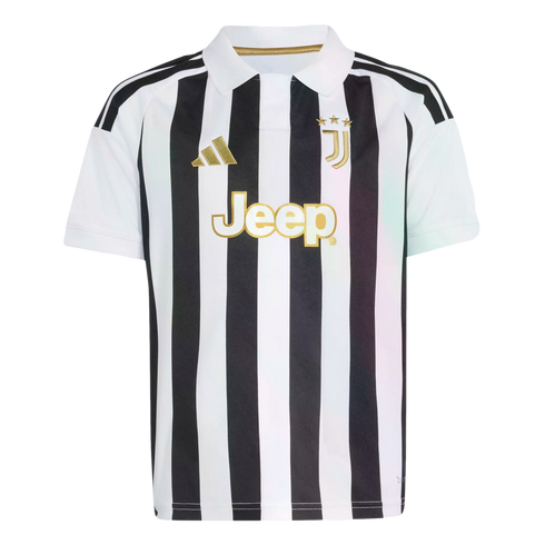 A black and white vertically striped Juventus soccer jersey with a white collar and gold-colored Adidas, Jeep, and club crest logos.