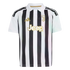 A black and white vertically striped Juventus soccer jersey with a white collar and gold-colored Adidas, Jeep, and club crest logos.