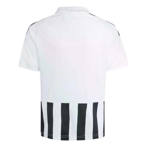 Back view of a white jersey featuring black shoulder stripes and a black and white vertical striped panel at the bottom.