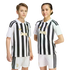 Two young people wearing matching black and white striped Juventus football kits with gold logos, standing against a plain white background.