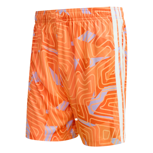 Bright orange athletic shorts with three white side stripes. The fabric features an abstract, maze-like geometric pattern in orange and light purple. Elastic waistband.