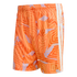 Bright orange athletic shorts with three white side stripes. The fabric features an abstract, maze-like geometric pattern in orange and light purple. Elastic waistband.