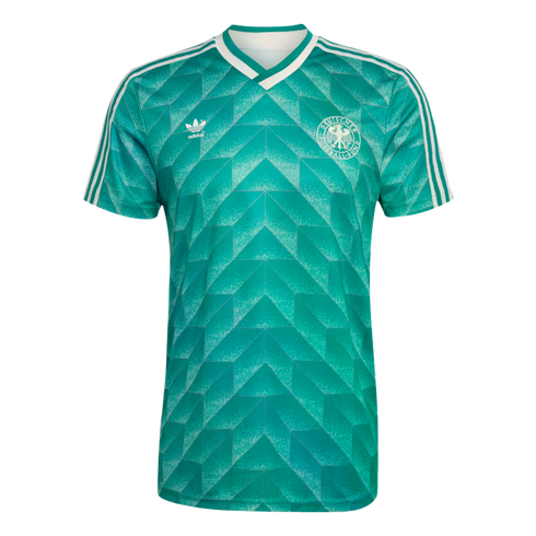 Green Adidas Germany soccer jersey with a bold geometric diamond pattern, white V-neck, white shoulder stripes, and the DFB crest on the chest.