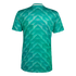 Back of a green short-sleeved jersey with a geometric pattern of faceted triangles in various shades of green and white collar trim.