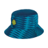 A bucket hat with a teal and navy blue wavy pattern, featuring the circular yellow and green logo of the Federación Colombiana de Fútbol.