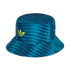 An Adidas bucket hat with a teal and navy digital zebra print and a bright yellow trefoil logo on the front, set against a black background.